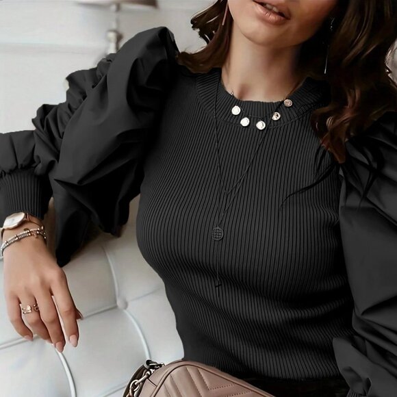 Black Casual Women's Crew Neck Fitted Puff Sleeve Splice - Picture 1 of 5